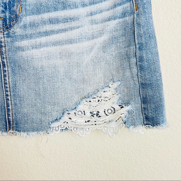 American Eagle High Rise Distressed Denim Crochet Detail Festival Mini Skirt - Picture 6 of 10
